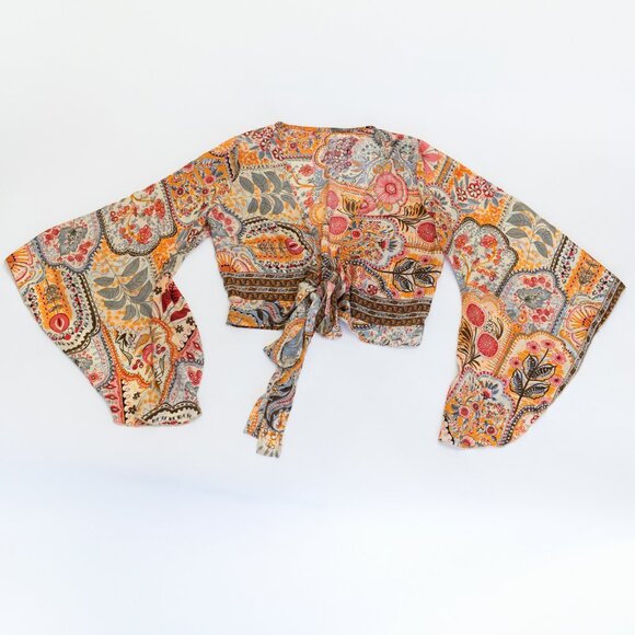 Ale-Hop Wrap Tie Crop Top One Size Flare Brocade Artsy Flowy Silky Floral Hippie - Picture 6 of 9